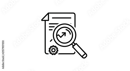 Magnifying Glass Over Document with Growth Chart and Gear Icon, Business Analysis Concept