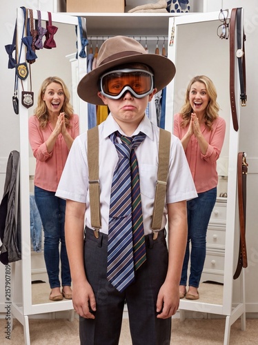 The mother got too carried away with her outfit. The child is wearing not only a new jacket, but also three ties (one on top of the other), a huge hat, ski goggles, and suspenders. 