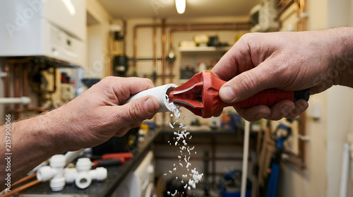 Plumber using reamer deburring tool to clear shavings from inner edge of white plastic pipe.