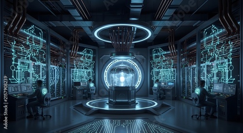 Advanced science laboratory with holographic displays and futuristic equipment