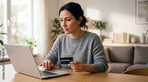 Focused adult woman holding credit card while making online purchase payment using laptop computer at living room table