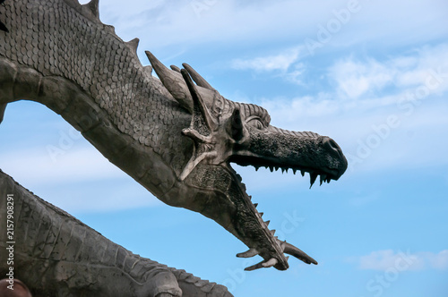 Kamenka village, Zadonsky district, Lipetsk region, Russia, July 12, 2026: The head of the Serpent Gorynych in Kudykina Gora Park against the blue sky