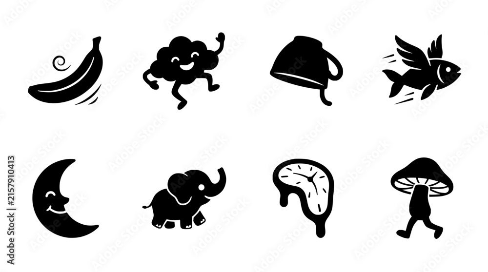 Obraz premium Cute Surreal Icon Collection Featuring Smiling Cloud, Flying Fish, Banana, Elephant, Melting Clock and Whimsical Characters
