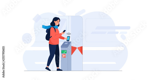 Woman Using Smartphone to Tap and Pay at a Modern Transit Gate for Seamless Travel