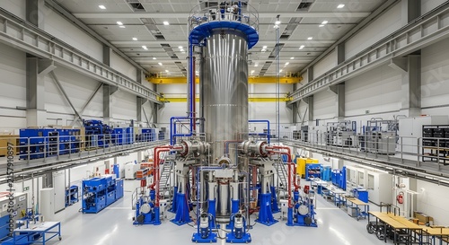 Large scientific research facility housing a central stainless steel cryogenic vessel and complex blue and red piping