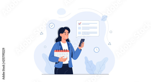 Woman managing tasks and schedule using smartphone and calendar, modern flat illustration