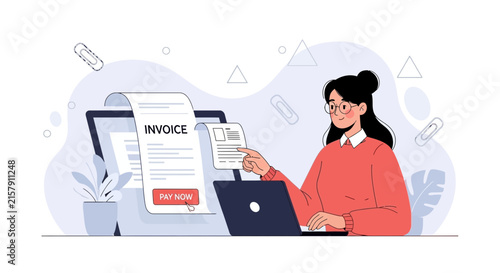 Woman Paying Invoice Online via Laptop - Digital Payment Concept Vector Illustration