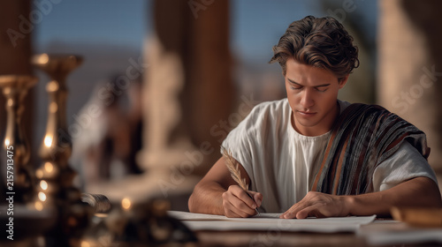 Joseph in Potiphar’s house writing on a scroll in ancient Egyptian setting with focused atmosphere