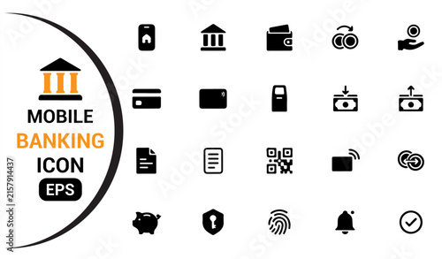 Financial service icon set with mobile banking, digital payment and fintech symbols