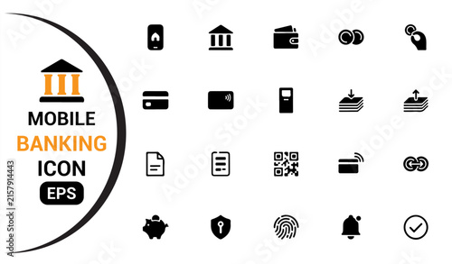 Mobile banking icon collection with fintech, payment and financial service symbols