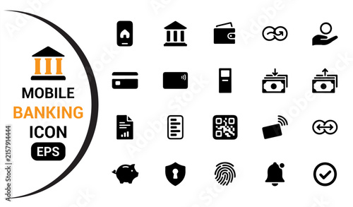 Banking and finance icon collection with mobile banking, payment and fintech symbols