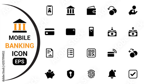 Digital banking icon set with mobile payment, finance and secure banking symbols