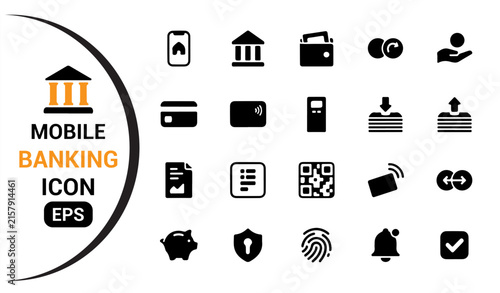 Mobile banking icon set with digital payment, finance and online banking symbols