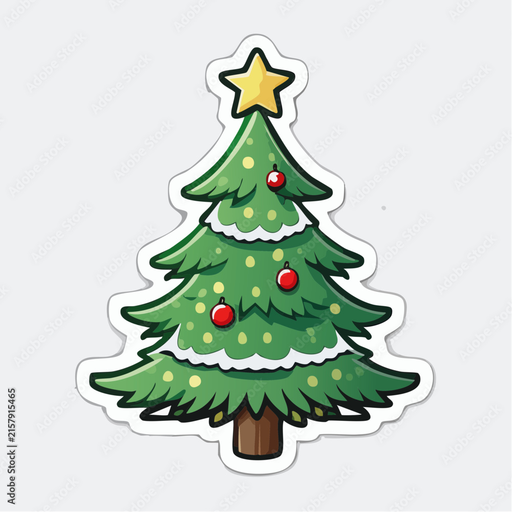 Fototapeta premium Christmas tree sticker icon with star and red ornaments, festive holiday decoration concept