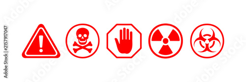 Red warning hazard symbol set with skull and radiation sign for safety alert on background.