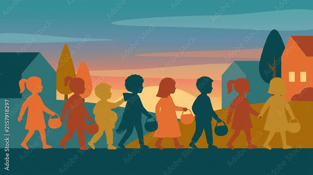 Fototapeta premium Flat Vector Silhouette of Trick-or-Treaters Walking at Dusk Halloween Illustration in Teal and Warm Tones