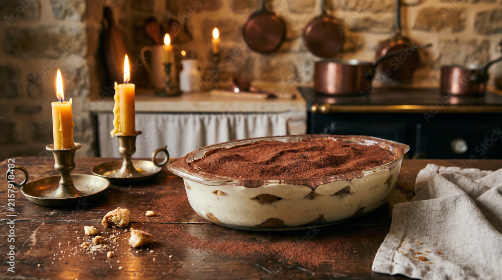 Fototapeta premium Rustic Kitchen Setting with A Large Tiramisu Dessert and Lit Candles