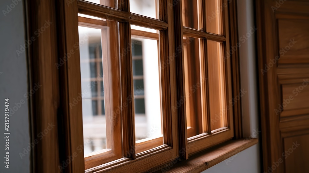 Fototapeta premium A close up of a traditional wooden window frame showing multiple glass panes and warm natural wood tones against soft interior lighting