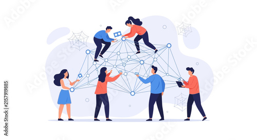 Diverse team of people building a network structure, illustrating collaboration, connection, and teamwork in a modern flat design style.