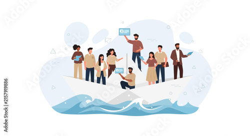 Diverse Team on Paper Boat Navigating Choppy Waters, Representing Business Challenges and Teamwork