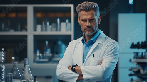 Middle-Aged Male Doctor Standing Confidently in Laboratory