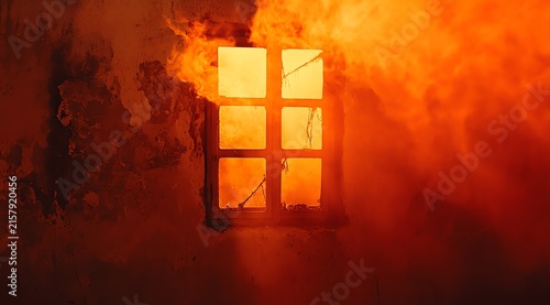 Fiery Orange Glow Through Window in Abandoned Dark Room