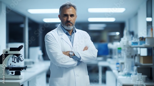 Male Scientist in Lab Coat Standing in Laboratory with Equipment