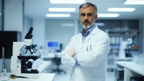 Confident Male Scientist in Lab Coat Standing in Modern Laboratory