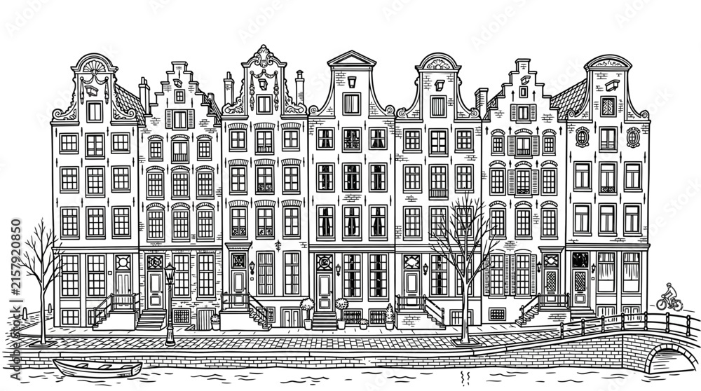 Obraz premium Black and white outline illustration of traditional Amsterdam canal houses with bridge and boat, ideal for coloring book, travel design and architectural print