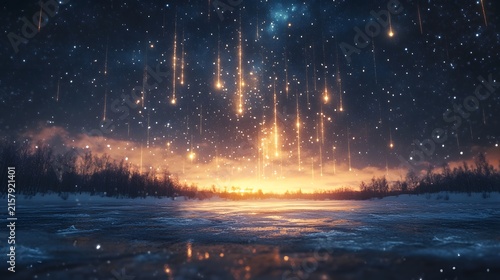 Cinematic Geminid meteor shower illuminates snowy landscape with golden streaks against starry night sky reflecting on icy surface capturing celestial wonder and cold earth contrast.
