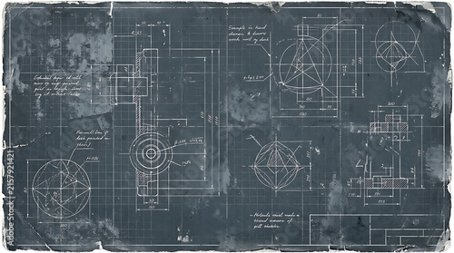 Weathered architectural blueprint with vintage construction technical drawing lines
