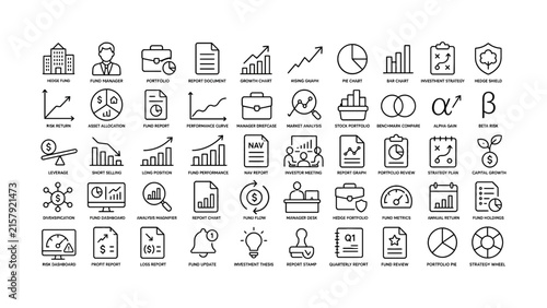 Collection of financial investment and hedge fund management icons set isolated transparent