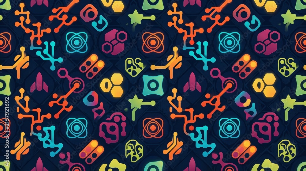 Naklejka premium Seamless futuristic technology pattern featuring colorful glowing neon icons such as circuit lines, atoms, and rocket ships on a dark navy blue background for gaming or tech.