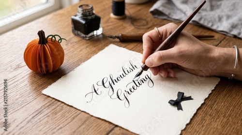 Handwriting Halloween calligraphy with ink pen on paper at a wooden desk.