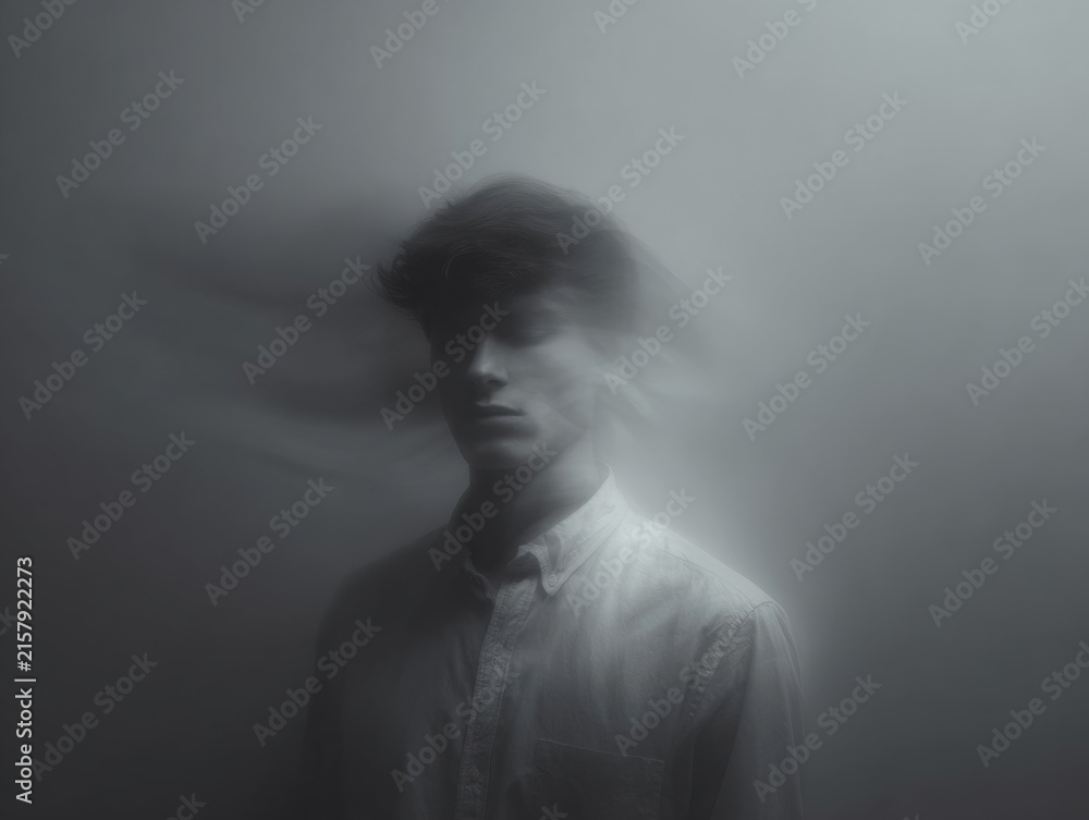 Fototapeta premium Surreal monochrome blurred portrait of a young man with motion haze for moody background and artistic poster design