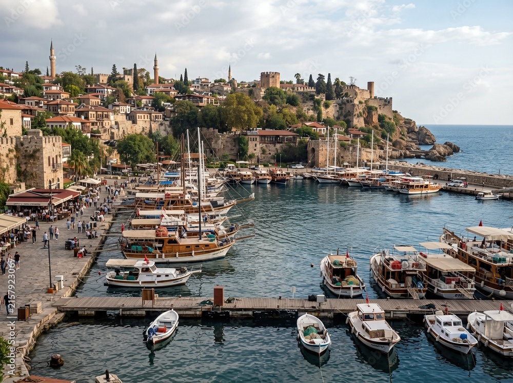 Fototapeta premium The port in Antalya’s historic Kaleici district, Turkey, features a harbor bustling with boats and a hillside town