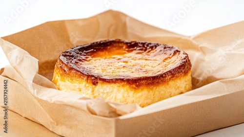 Burnt Basque Cheesecake: A delectable burnt Basque cheesecake, with its signature caramelized crust, sits invitingly within a rustic paper packaging, hinting at a rich and creamy interior.