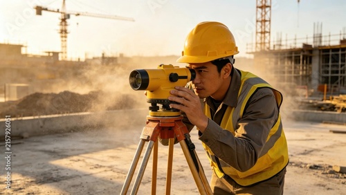 Surveyor looking through optical level