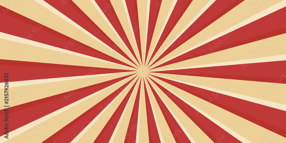Obraz premium Red sunburst lines on yellow Background. Light sun rays pattern. Vintage stripes halftone radial wallpaper for poster, banner, advertising backdrop, comic or circus scene.