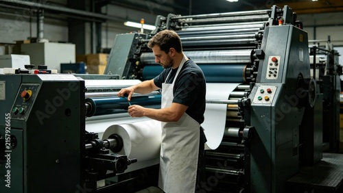 Printing press operator adjusting ink rollers