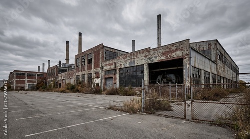 Abandoned brick factory building with tall smokestacks, broken windows, and an empty overgrown parking lot under a gloomy sky. Represents economic crisis, deindustrialization, and urban decay
