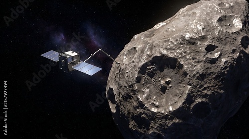 Cinematic view of generic spacecraft approaching irregular rocky asteroid with metallic glints, deep space background with stars