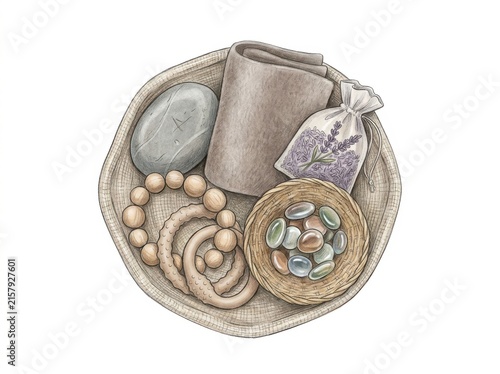 OCD sensory grounding toolkit with textured stones soft fabrics and tactile beads