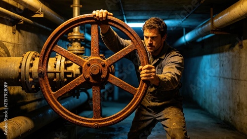 Worker turning massive metal valve wheel