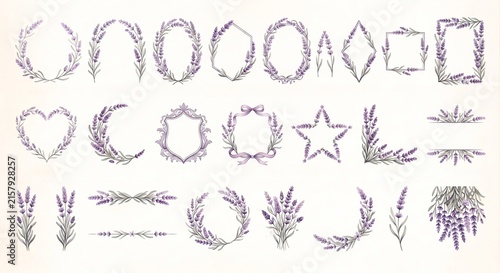 Lavender Watercolor Floral Frames, Wreaths, Borders and Botanical Elements Collection