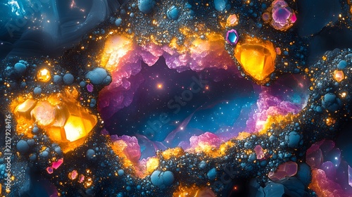 Vibrant cosmic meteorite interior with glowing mineral crystals and starry void background. Abstract space exploration concept for astronomy, geology, or science fiction projects.