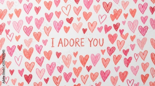 Handdrawn heart pattern background with i adore you text
