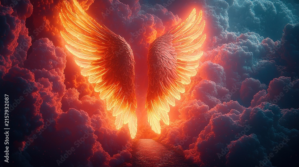 Naklejka premium Fiery angel wings glowing amidst dramatic clouds over mystical pathway in surreal fantasy sky
