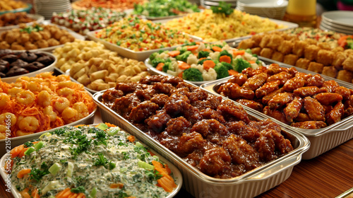 Abundant buffet selection of assorted prepared foods and side dishes with side dish