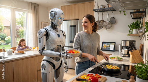 Advanced humanoid robot assistant helps a happy woman prepare healthy vegetables for lunch inside a bright modern domestic home kitchen